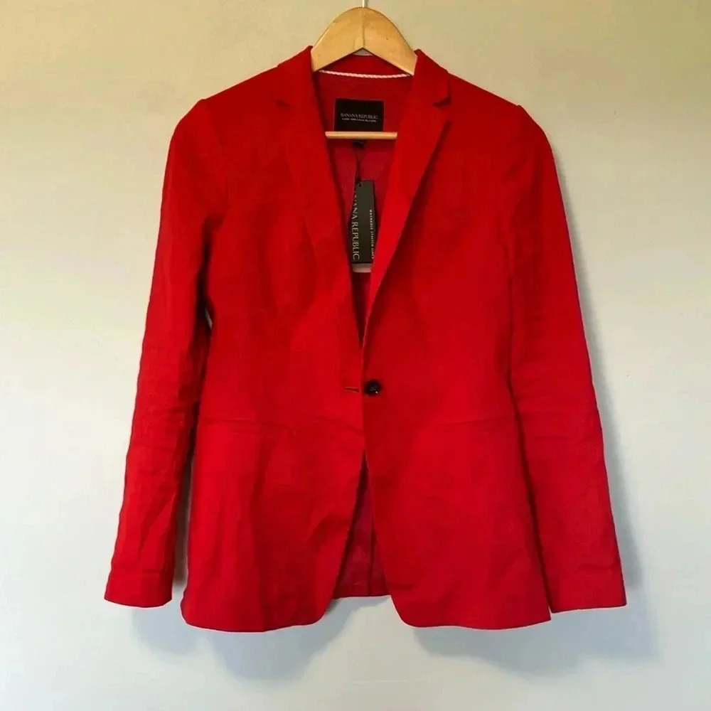 NWT Banana Republic long  and lean blazer linen cotton blend red